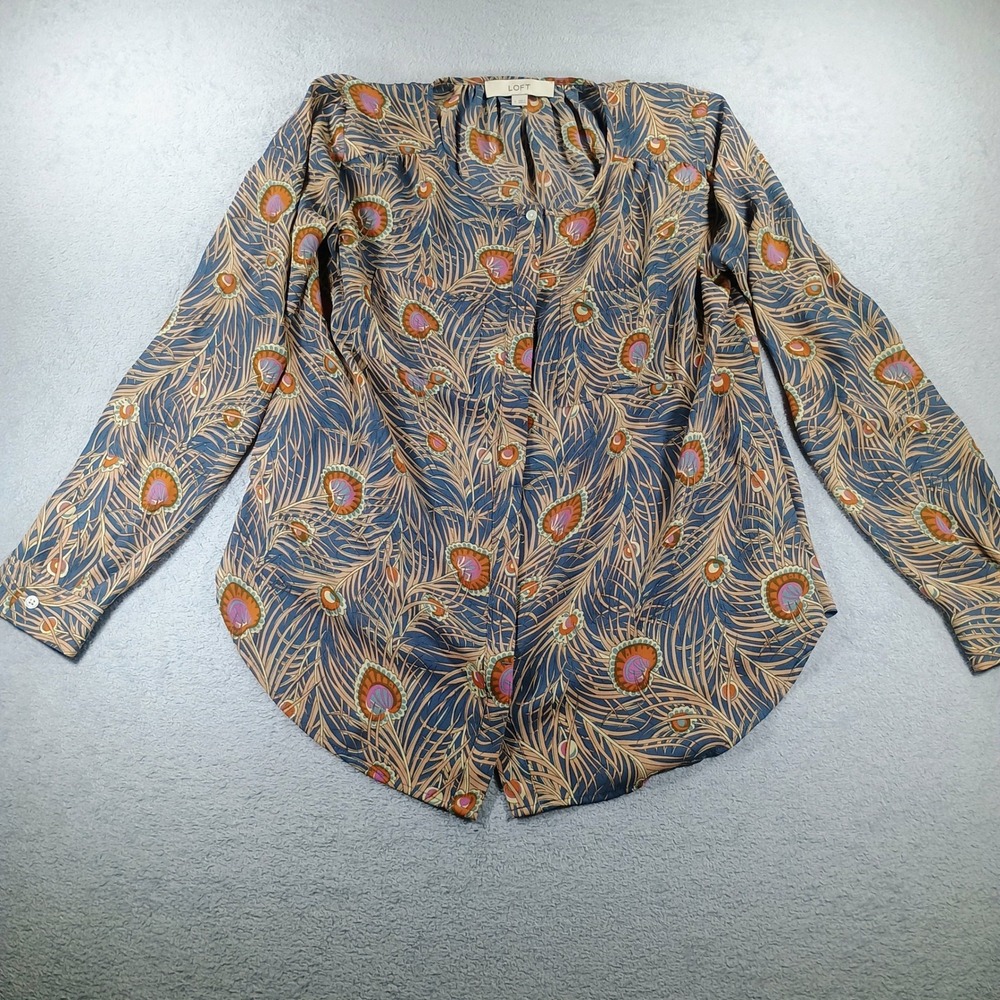 LOFT Womens‎ Button Down Blouse Blue Peacock Print Small Long Sleeve